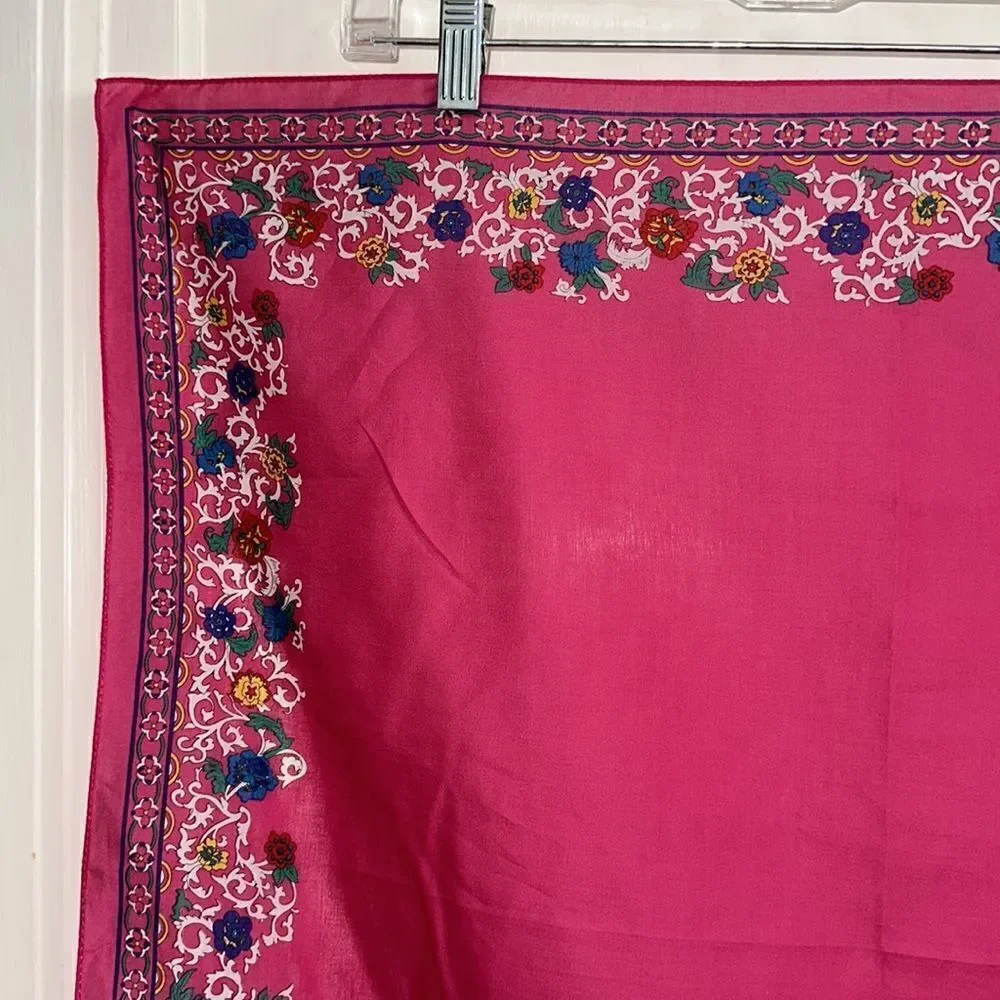 Vintage 1987 Ginnie Johansen bright pink cotton square scarf/ paisley border‎